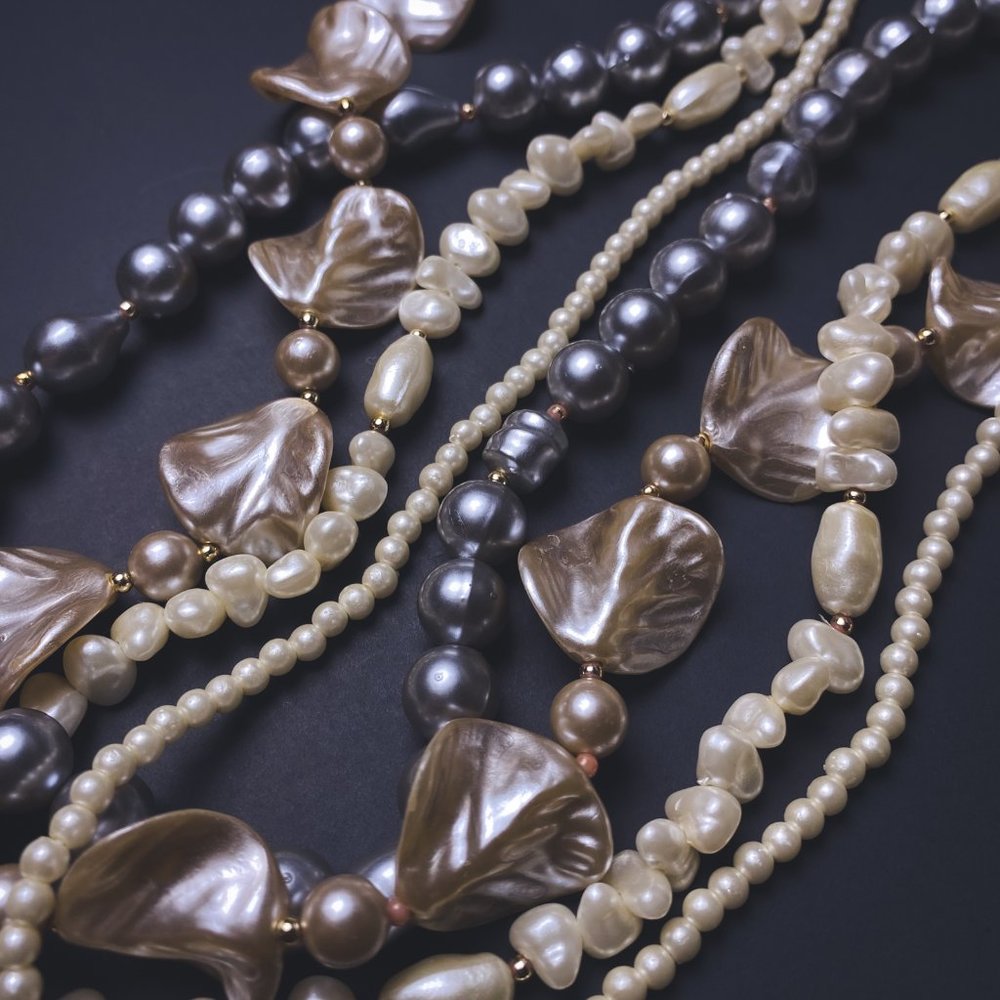Vintage White Grey Mixed Faux Pearl Chunky Beaded Mutli Strand Collar Necklace - Picture 5 of 12